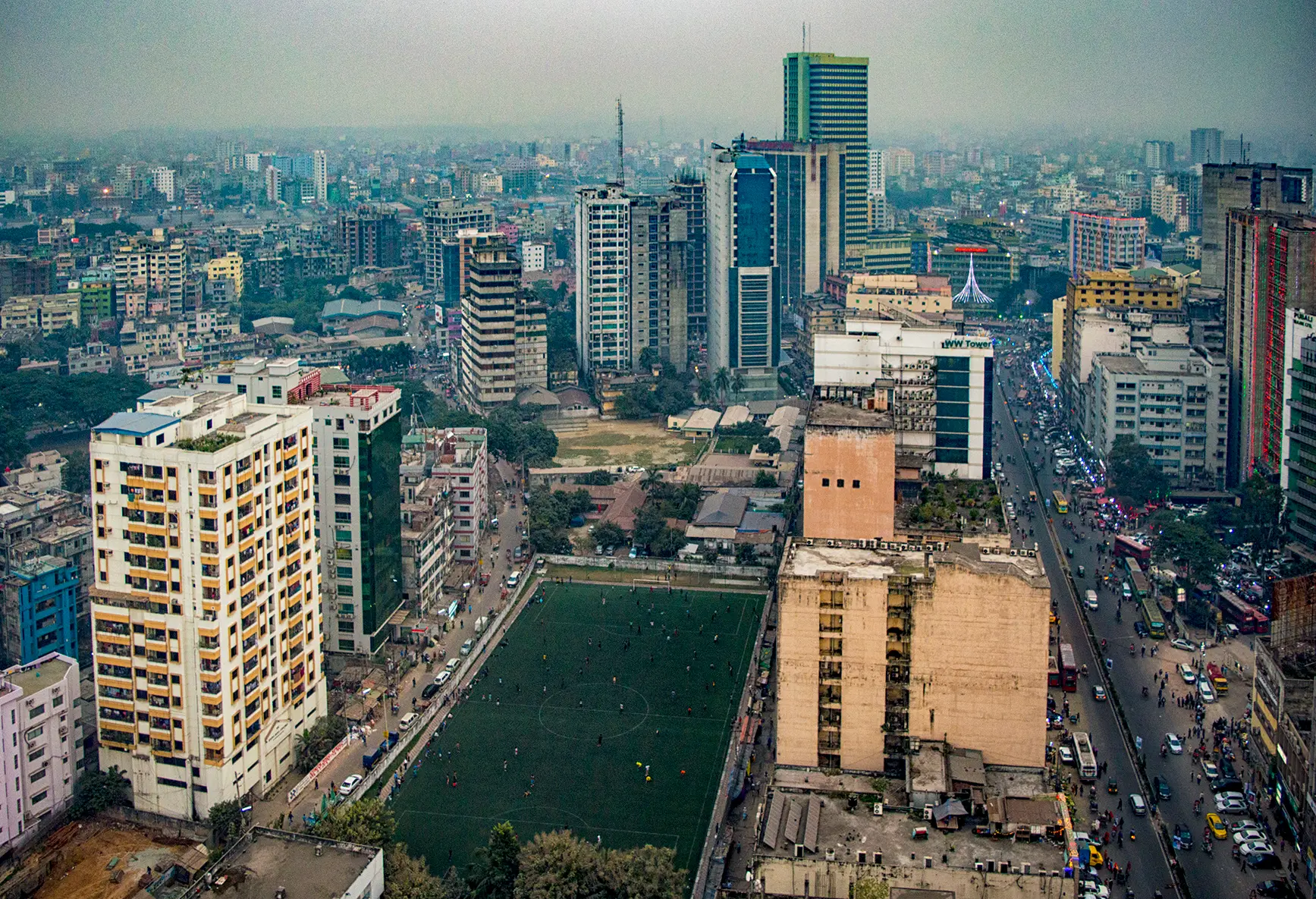 Towers and busy streets of central Dhaka seen from above